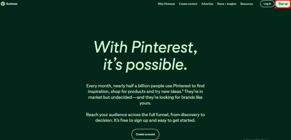 Sign up Pintrest business account